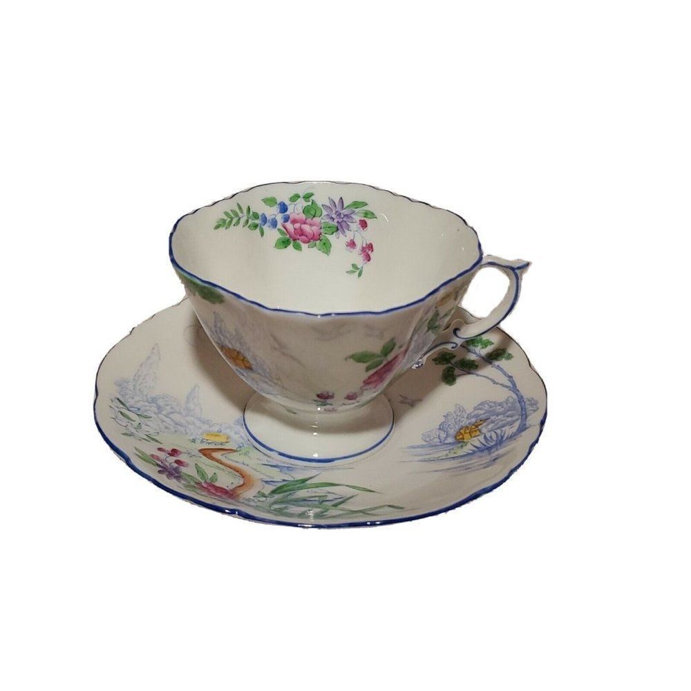 HAMMERSLEY TEA CUP AND SAUCER SET Country Cabin Scene Vintage Blue Trim Floral